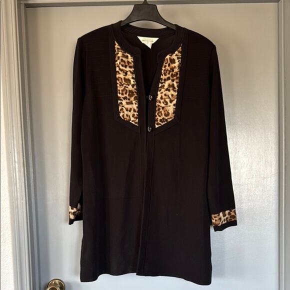 Y2K Exclusively Misook Black Long Button Front Jacket with Leopard Trim sz XL - Picture 1 of 7